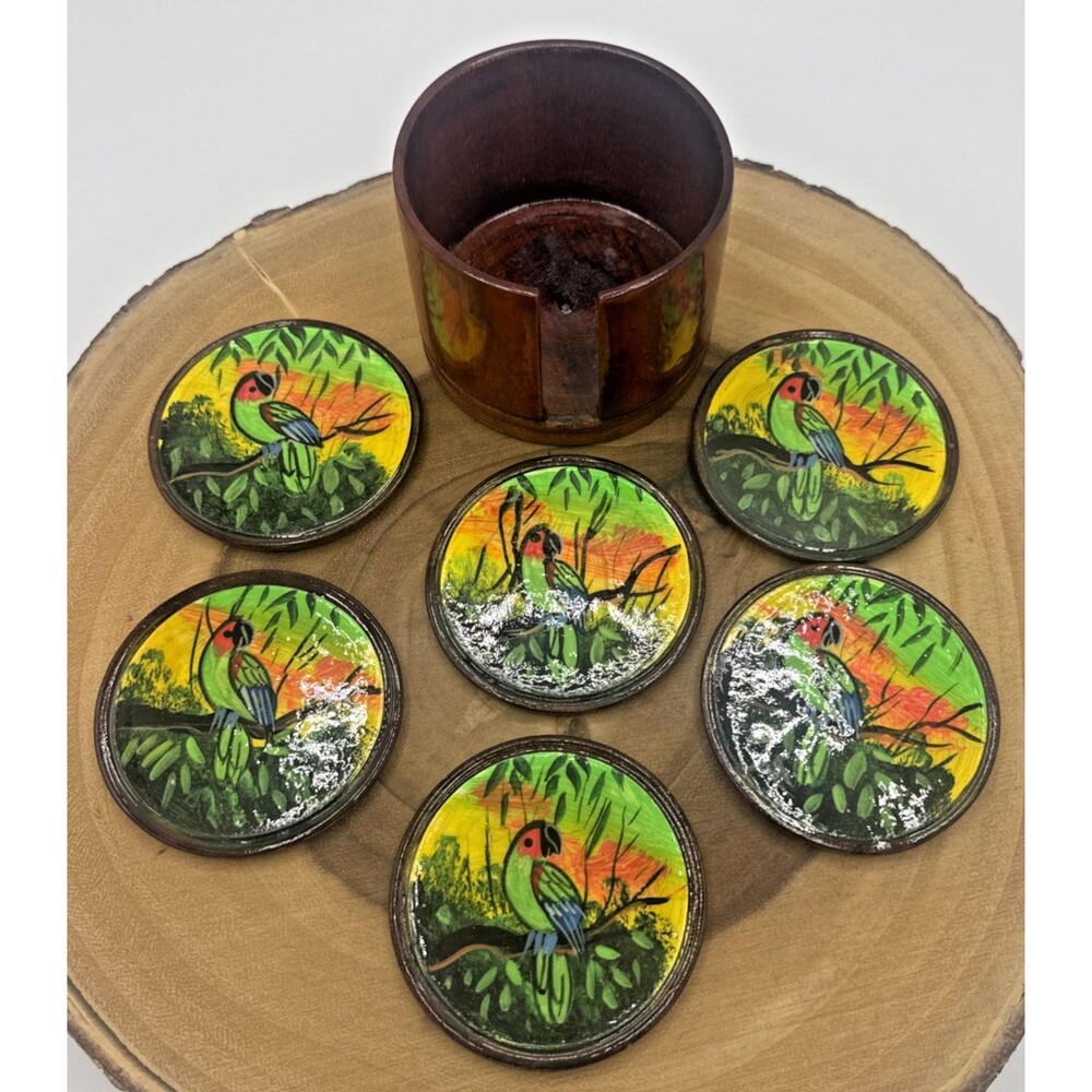 Vintage Hand Painted Handmade Wooden Coaster Set Tropical Birds/Parrots Set of 6